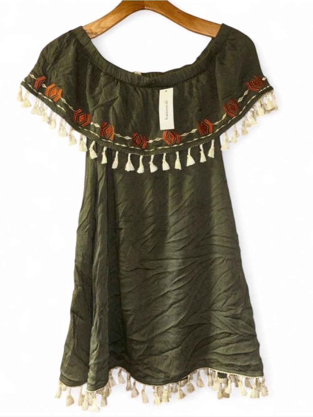 miami Olive Strapless Tassel Embroidered Swing Dress
